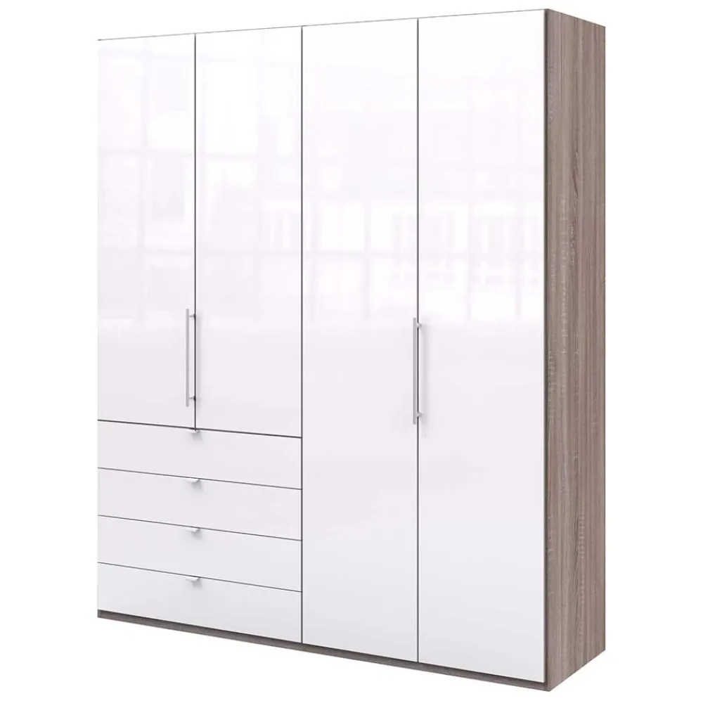 Wohnen Kleiderschränke<Hoher Kleiderschrank in Weiß Glas & Eiche Dunkel - Empresian