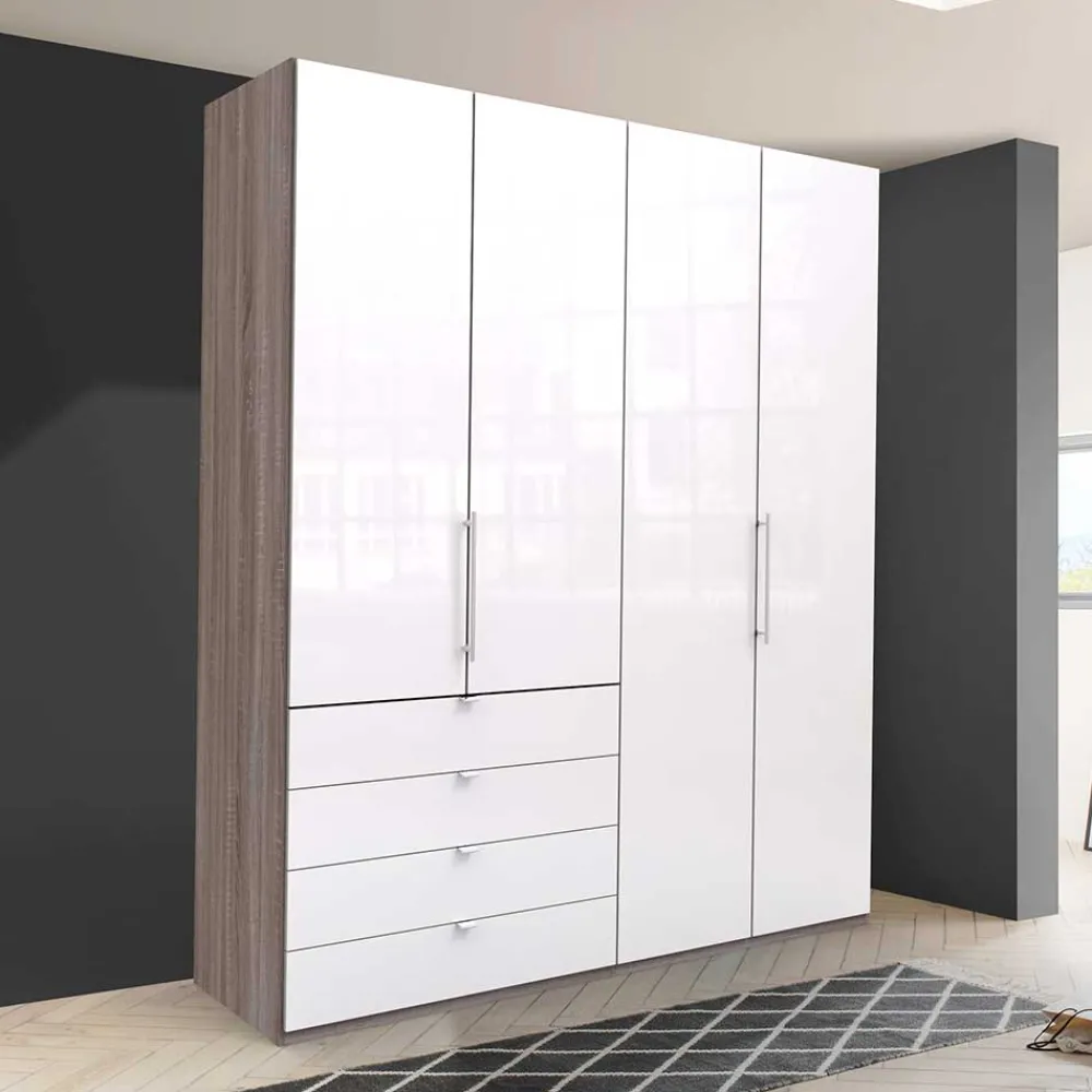 Wohnen Kleiderschränke<Hoher Kleiderschrank in Weiß Glas & Eiche Dunkel - Empresian