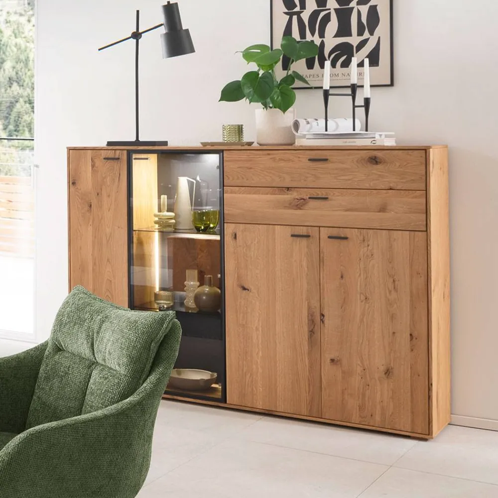 Wohnen Sideboards|Highboards<Hohes Sideboard mit Glaseinsatz und LED - Drinidad