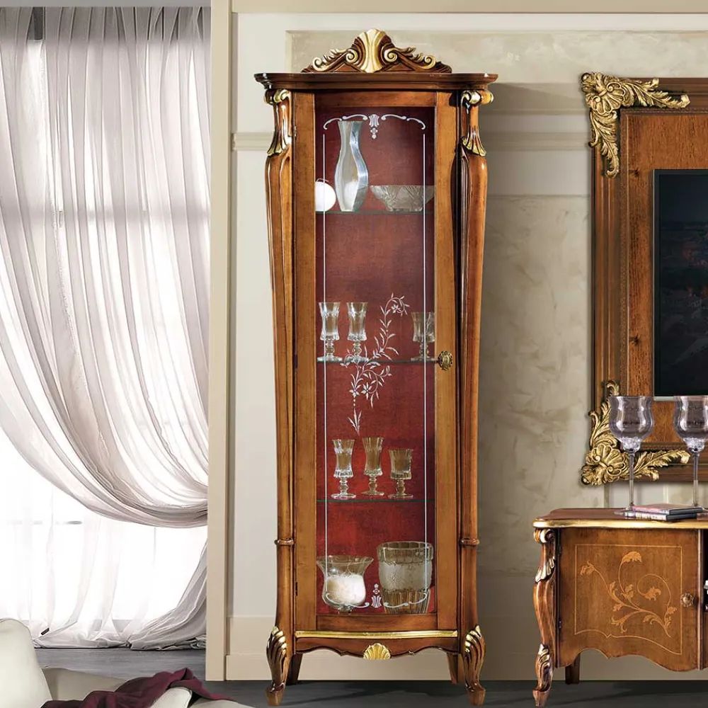 Wohnen Vitrinen|Schränke<Italienische Vitrine in Nussbaum & Gold & Rot - Carlenna I