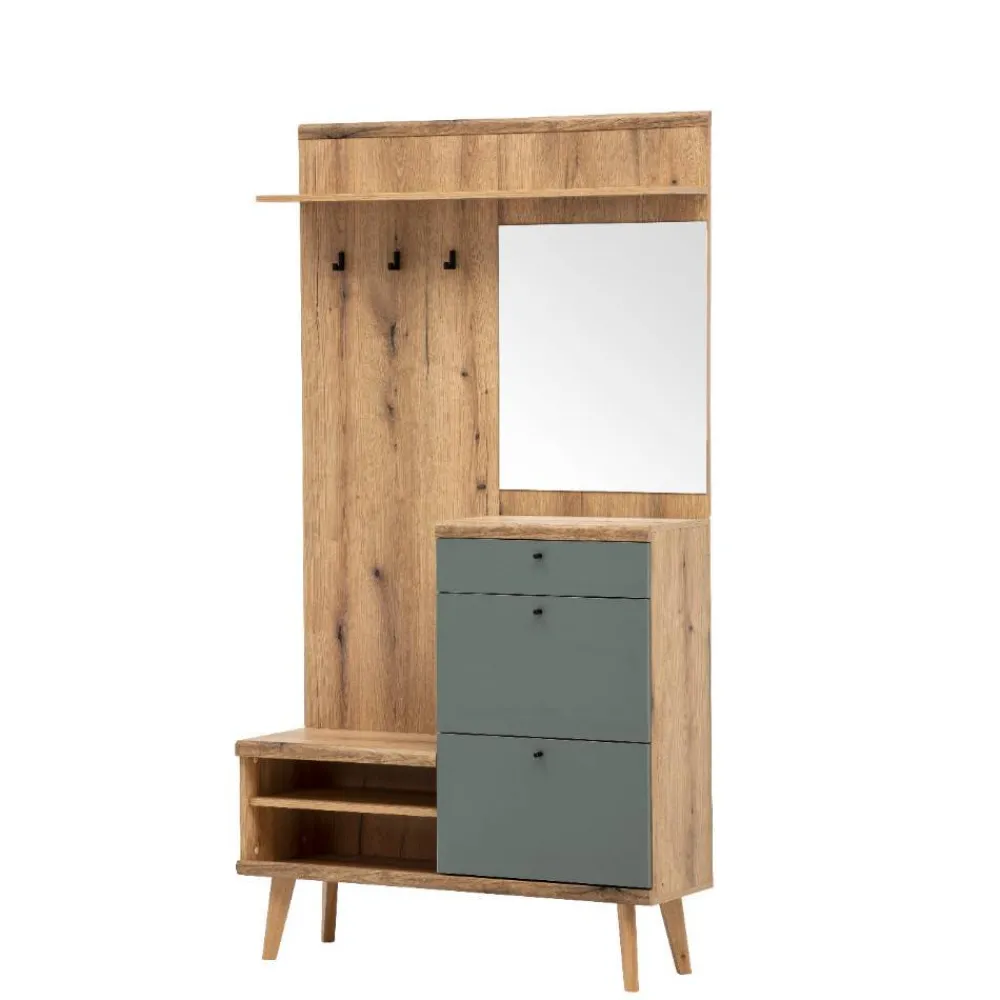 Wohnen Garderoben<Kompakt-Garderobe in Eiche Optik und Graugrün - Oliva