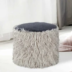 Wohnen Hocker<Kunstfell Pouf in Hellgrau mit Cord Dunkelgrau - Valbera