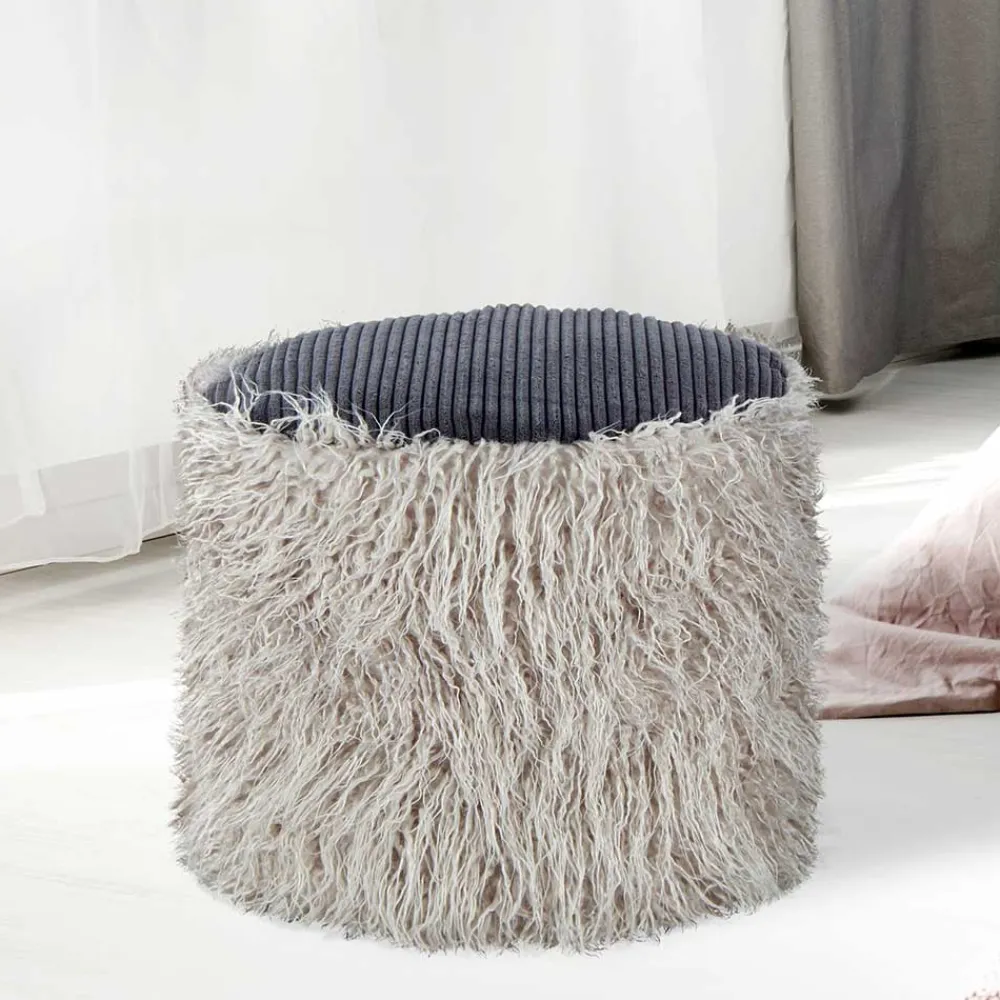 Wohnen Hocker<Kunstfell Pouf in Hellgrau mit Cord Dunkelgrau - Valbera