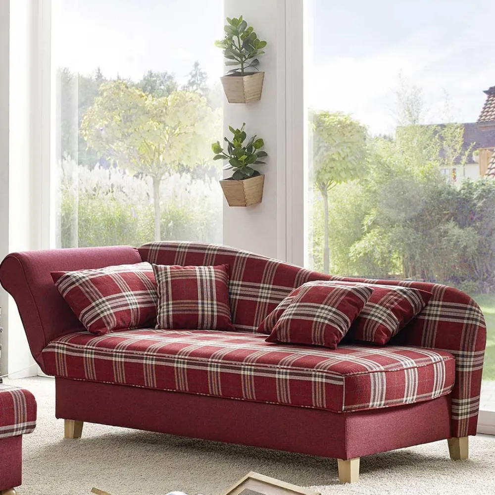 Wohnen Sofas<Landhaus Chaiselongue in Rot mit Karo Muster - Litruna