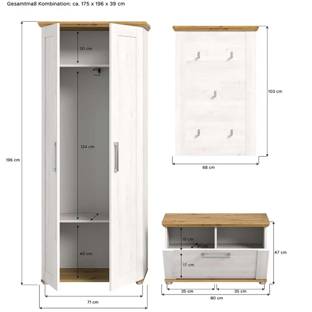 Wohnen Garderoben<Landhaus Flureinrichtung Set - Tocella (dreiteilig)