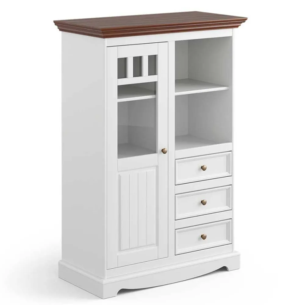 Wohnen Highboards<Landhaus Highboard in Weiß und Nussbaum Braun - Manipur