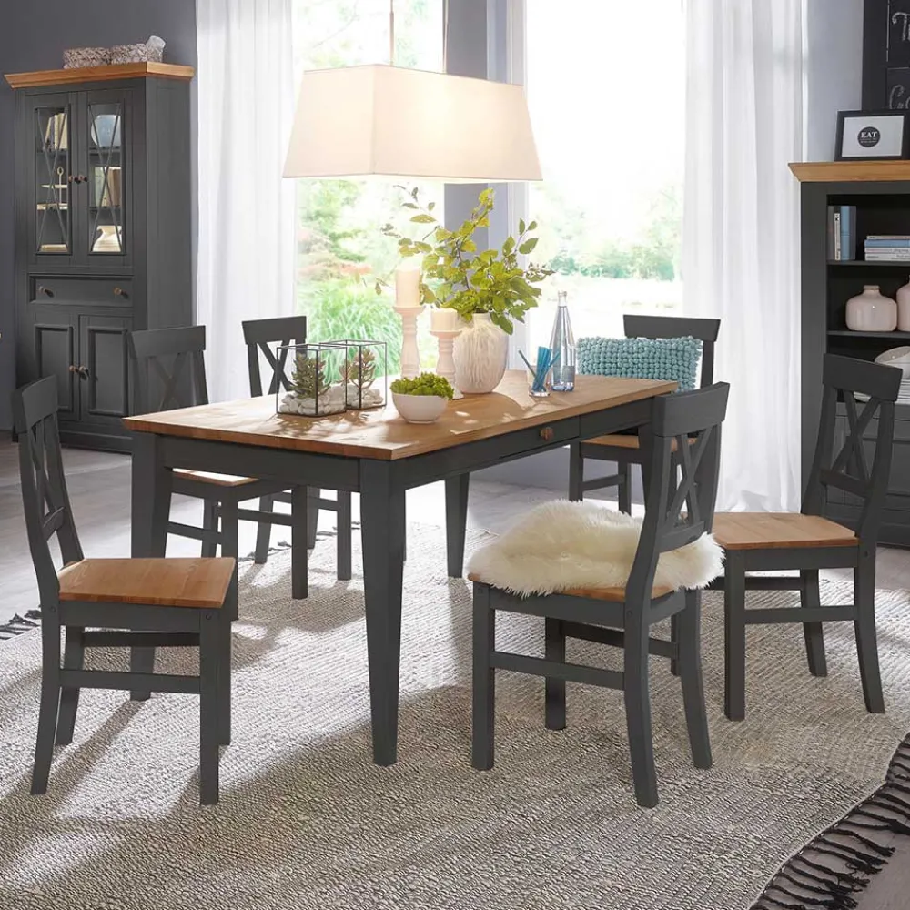Wohnen Sitzgruppe<Landhaus Holz Essgruppe in Grau - Ustricia (siebenteilig)