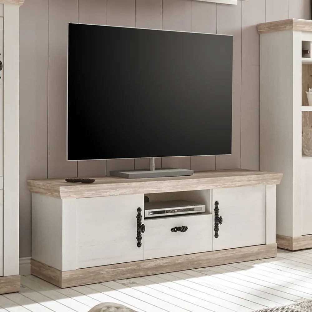 Wohnen Lowboards<Landhaus TV Board in Weiß & Pinie Shabby Nedita 156 cm breit