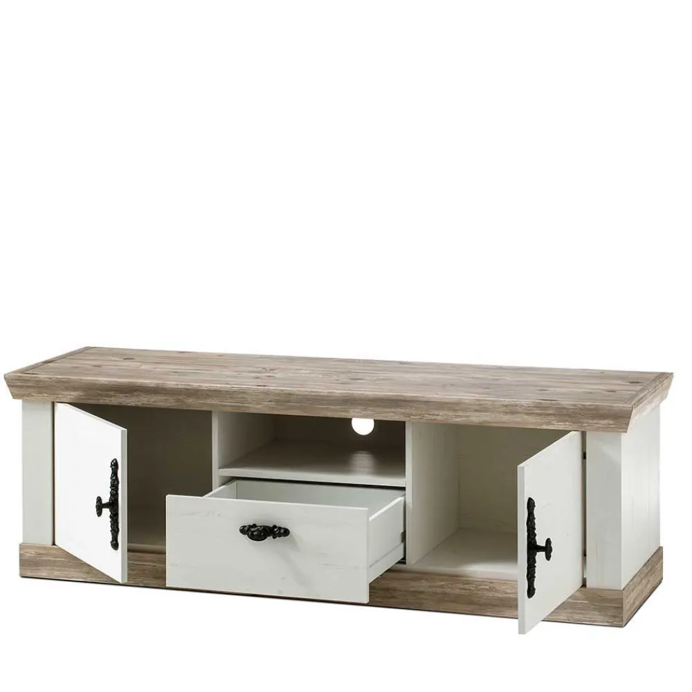 Wohnen Lowboards<Landhaus TV Board in Weiß & Pinie Shabby Nedita 156 cm breit