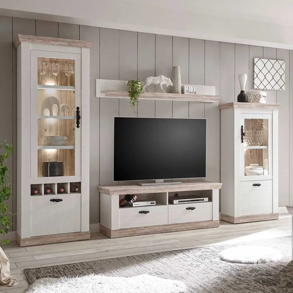 Wohnen Wohnwände<Landhaus Wohnzimmer Möbel Set Nedita in Weiß & Pinie (vierteilig)