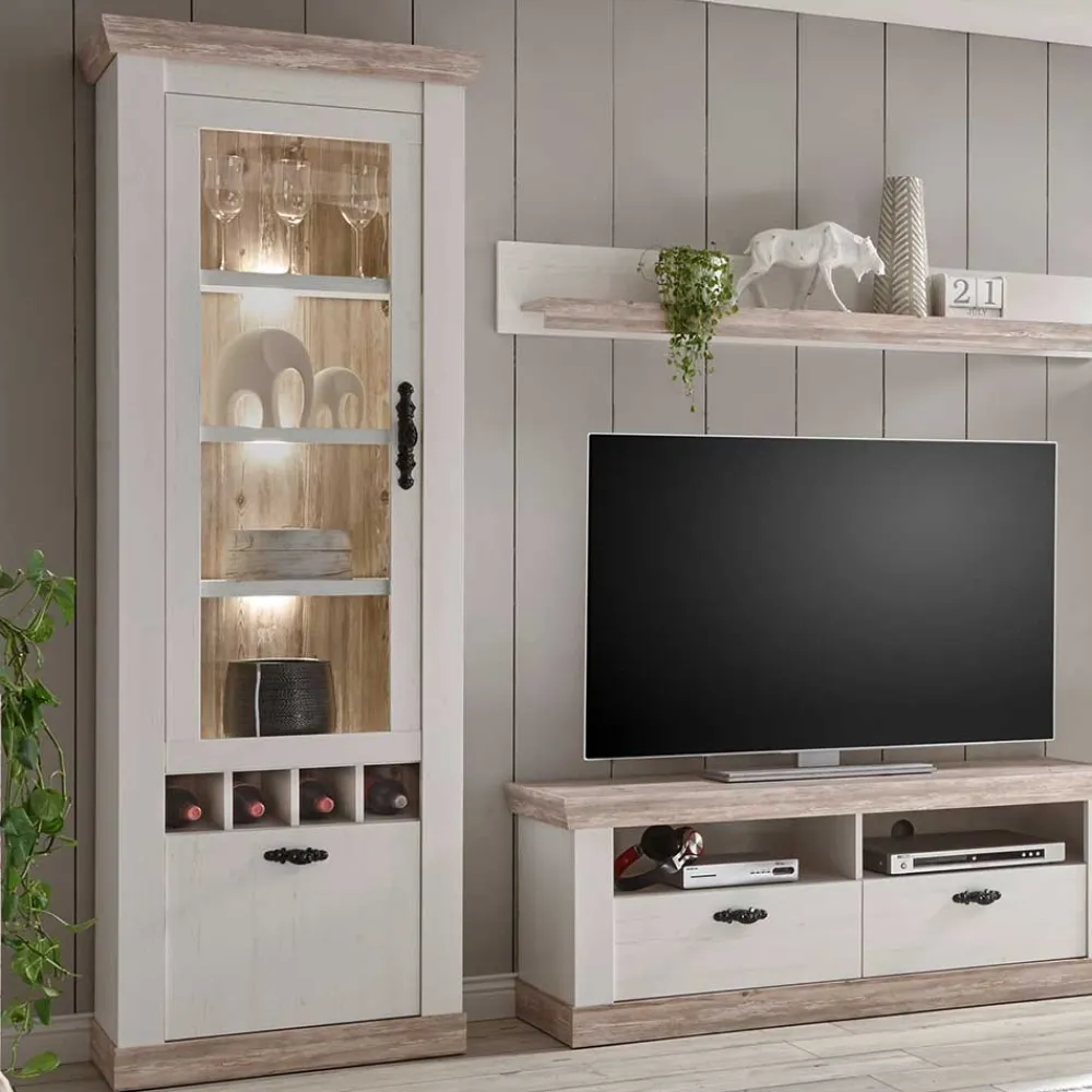 Wohnen Wohnwände<Landhaus Wohnzimmer Möbel Set Nedita in Weiß & Pinie (vierteilig)