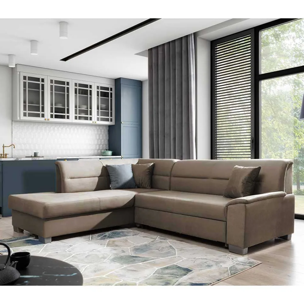 Wohnen Sofas<L-Design Verwandlungssofa in Hellbraun Samt - Citerna