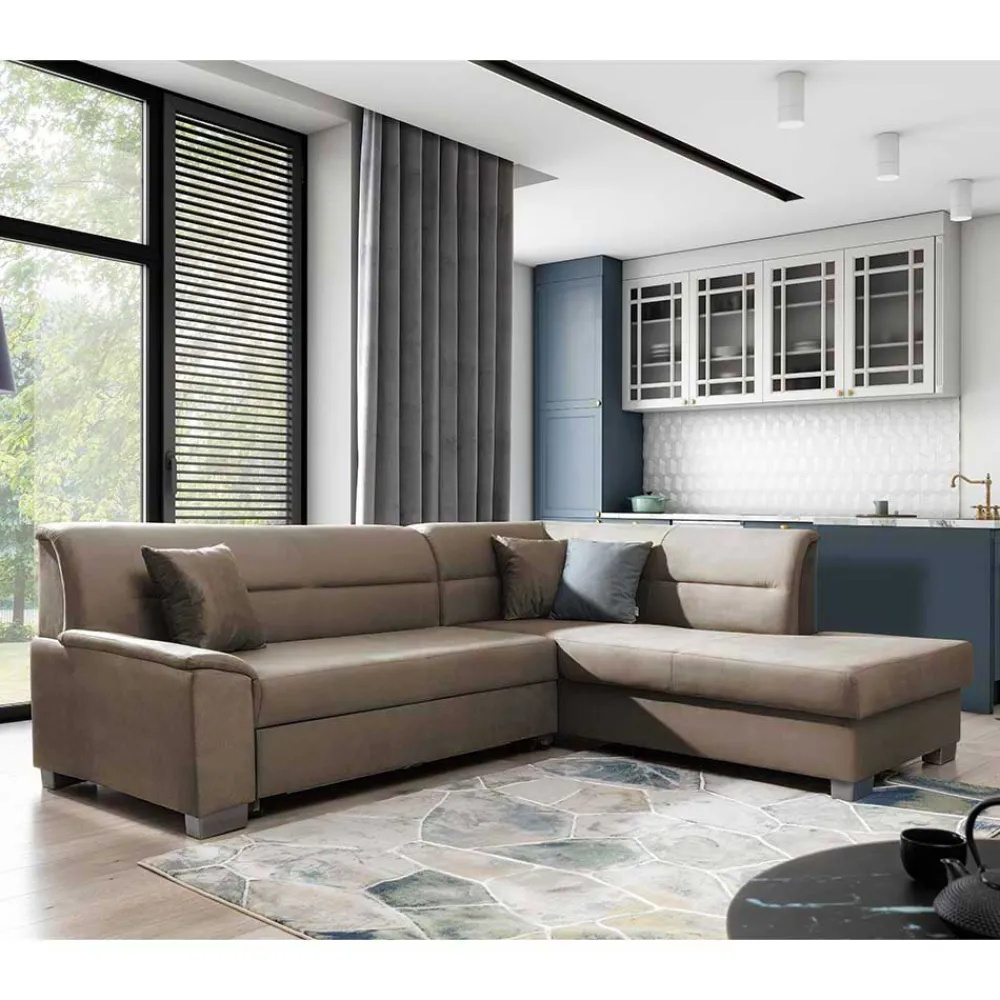 Wohnen Sofas<L-Design Verwandlungssofa in Hellbraun Samt - Citerna