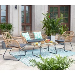 Wohnen Sitzgruppe<Lounge Sitzgruppe aus Geflecht in Beige - Renzo (vierteilig)