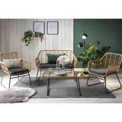 Wohnen Sitzgruppe<Lounge Sitzgruppe aus Geflecht in Beige - Renzo (vierteilig)