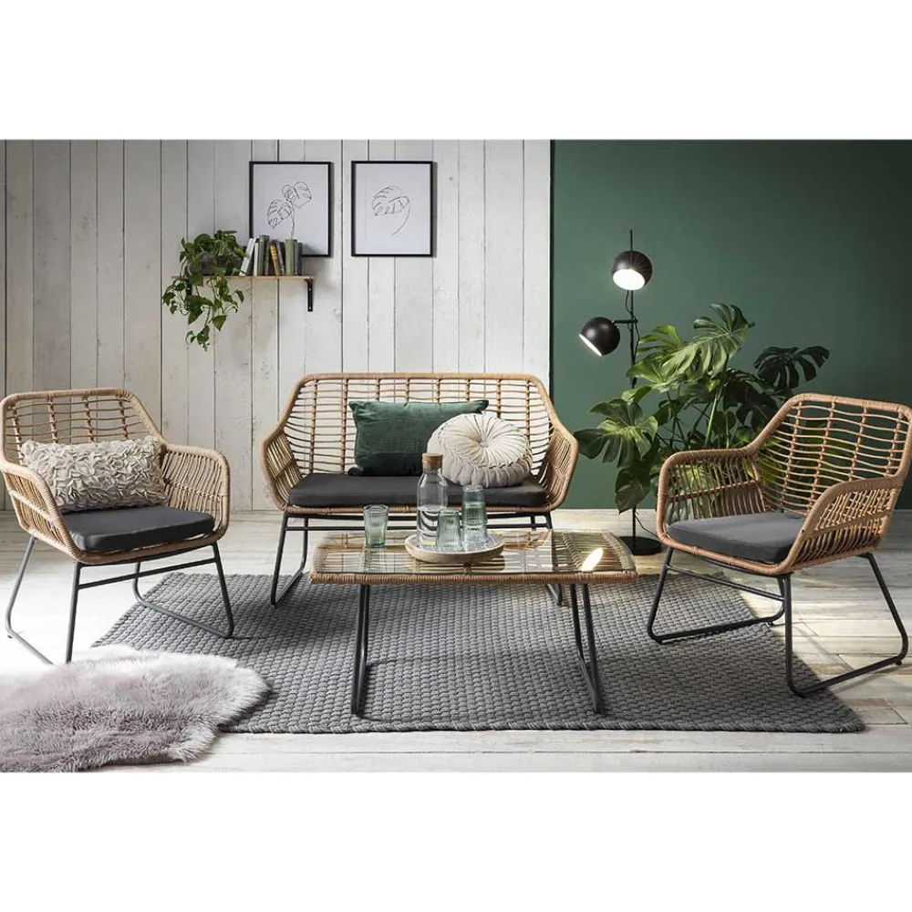 Wohnen Sitzgruppe<Lounge Sitzgruppe aus Geflecht in Beige - Renzo (vierteilig)