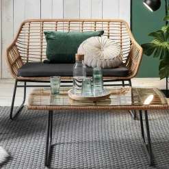 Wohnen Sitzgruppe<Lounge Sitzgruppe aus Geflecht in Beige - Renzo (vierteilig)