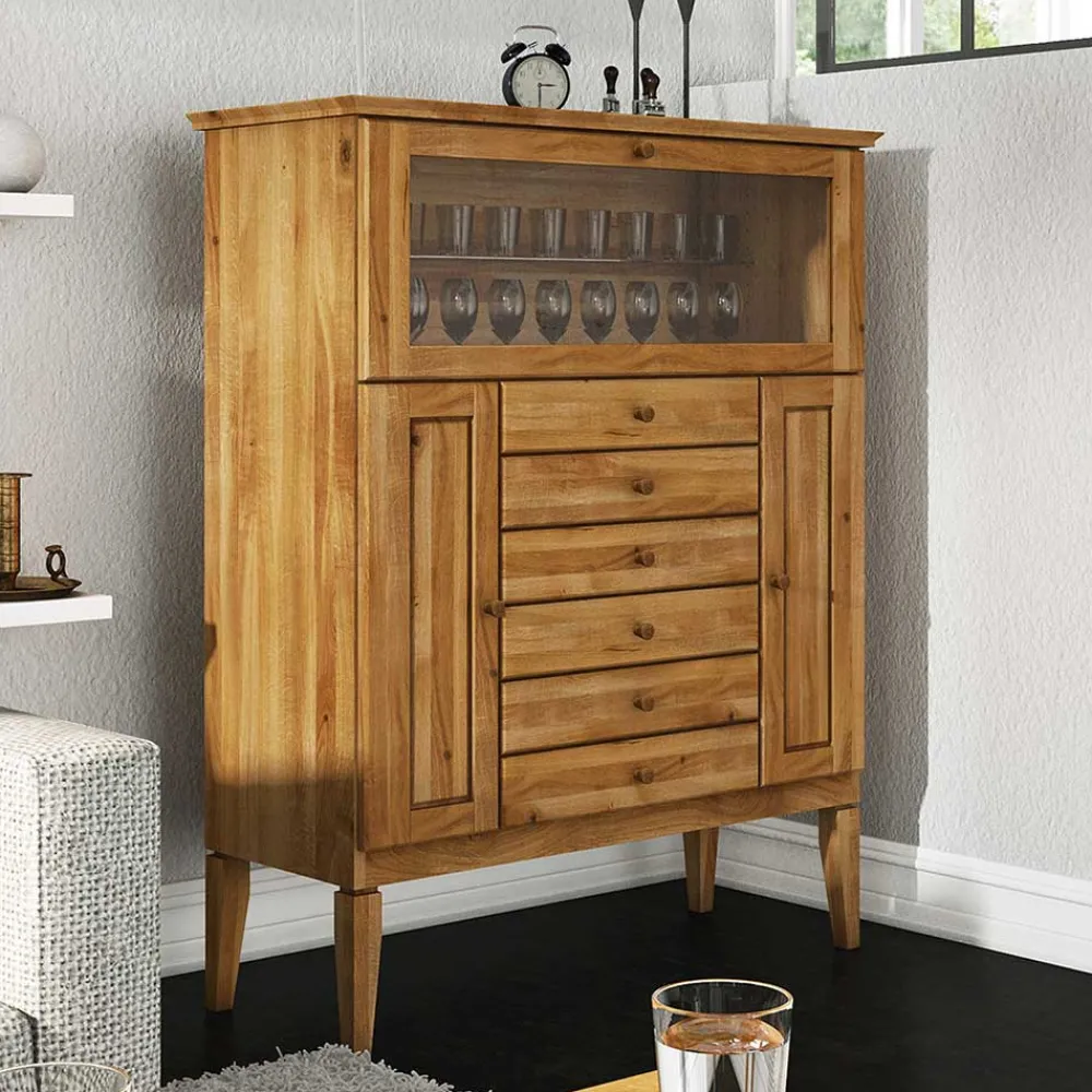 Wohnen Highboards<Massivholz Highboard Masdamos mit Glasklappe