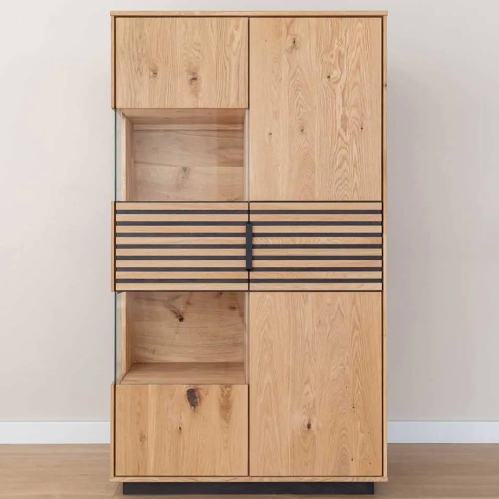 Wohnen Highboards|Vitrinen<Massivholz Vitrine in Eiche mit Schwarz - Eribella