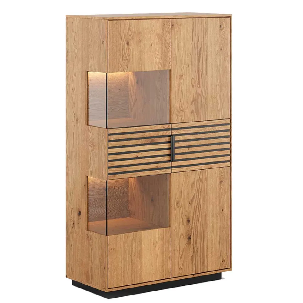 Wohnen Highboards|Vitrinen<Massivholz Vitrine in Eiche mit Schwarz - Eribella