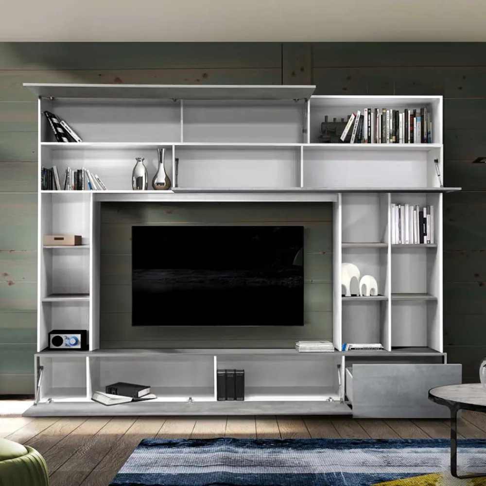 Wohnen Tv & Hifi-Möbel|Wohnwände<Mediawand für Fernseher in Weiß & Beton Dekor - Fancy