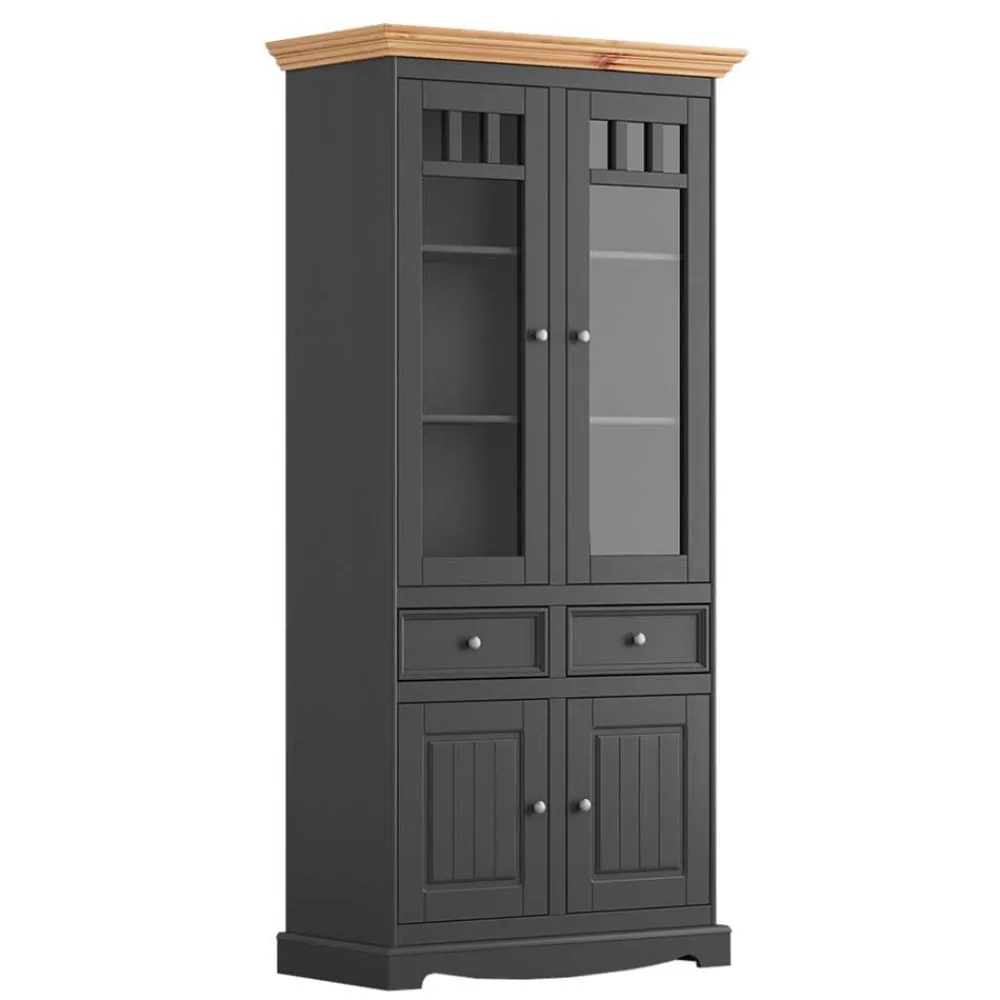 Wohnen Schränke<Modern Country Vitrinenschrank in Grau & Kiefer - Eromsia