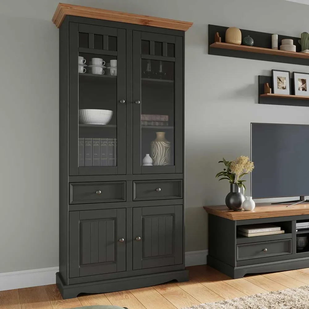 Wohnen Schränke<Modern Country Vitrinenschrank in Grau & Kiefer - Eromsia