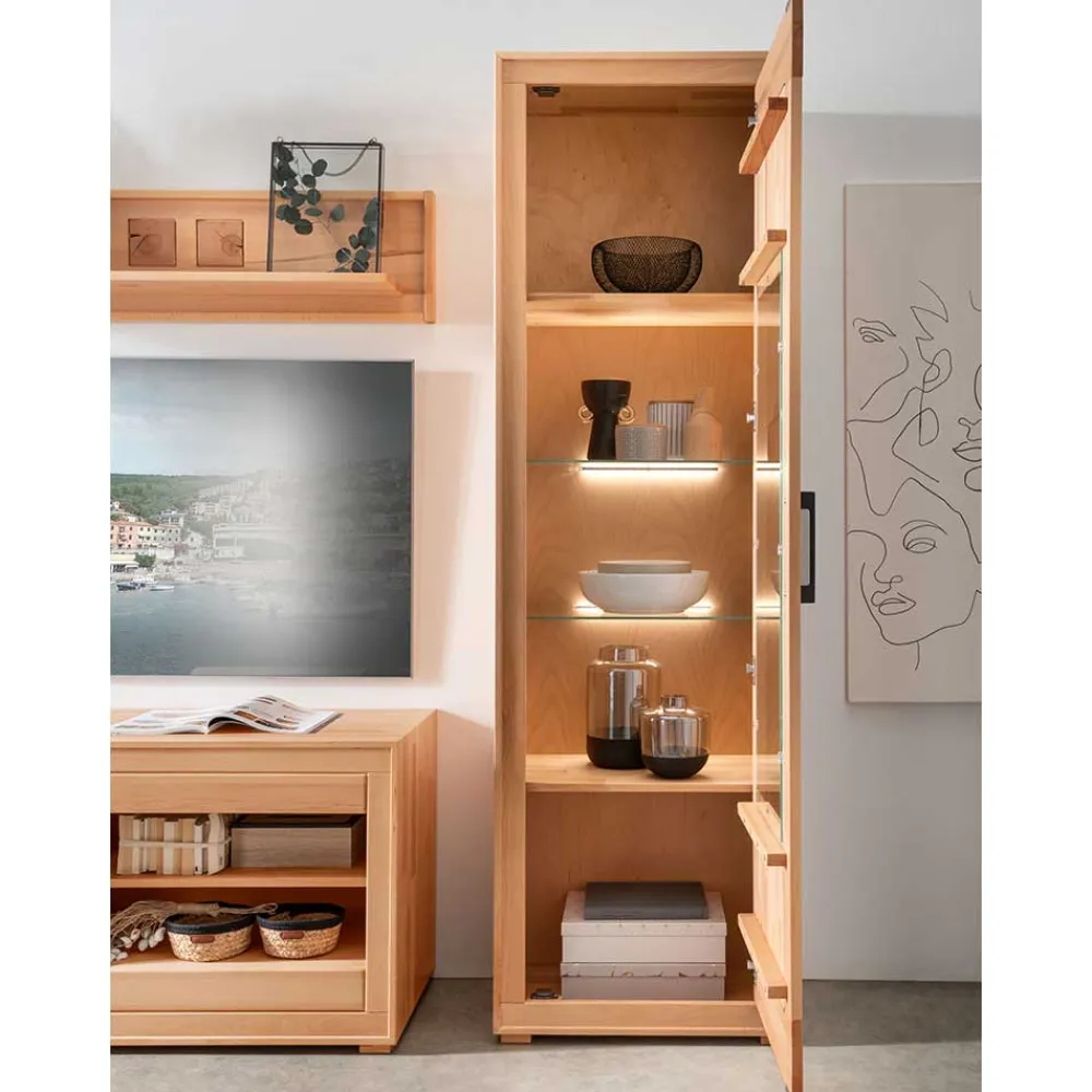 Wohnen Vitrinen|Schränke<Moderne 1-türige Vitrine aus Kernbuche geölt - Sarosca