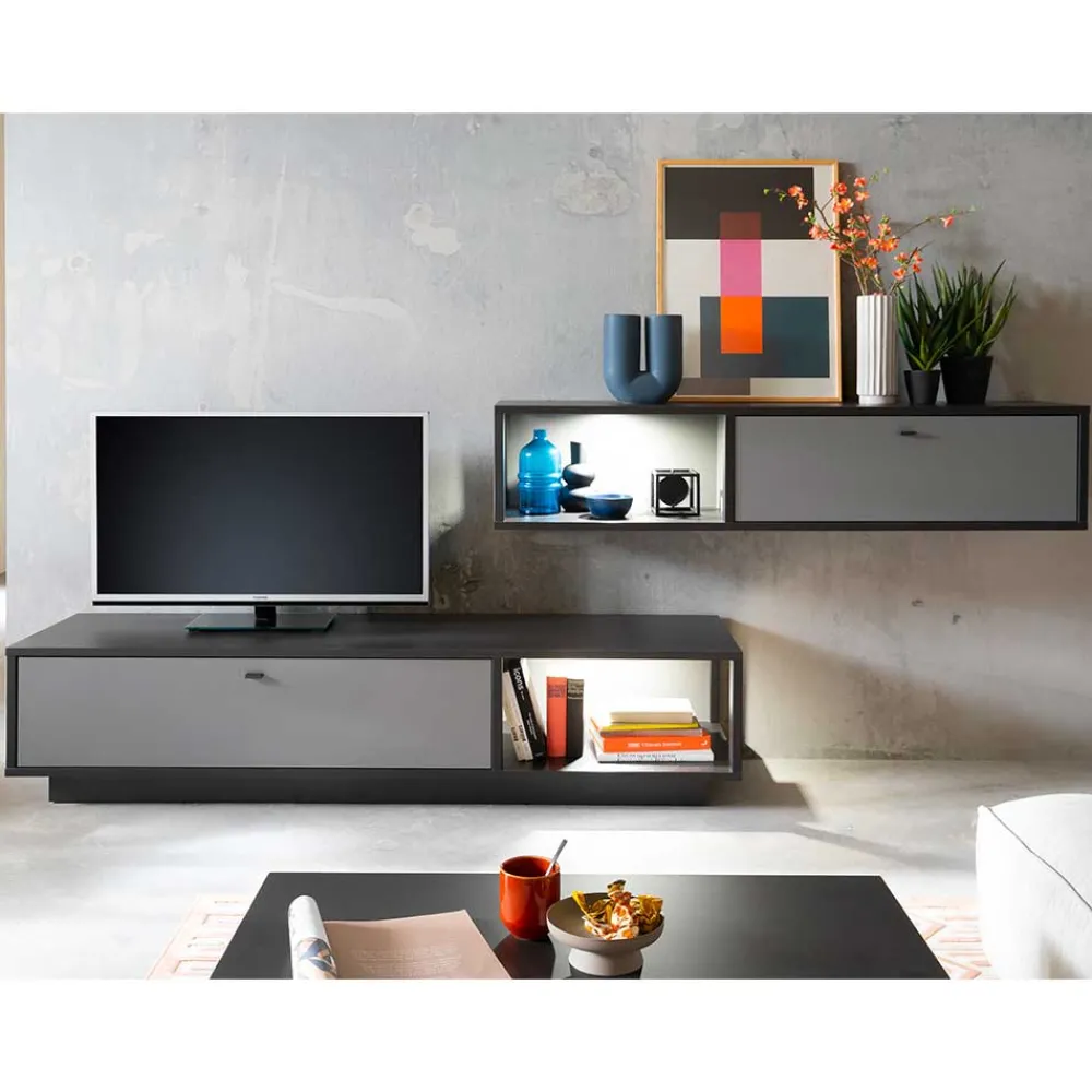 Wohnen Wohnwände<Moderne TV Anbauwand in Grau - Ridona (zweiteilig)