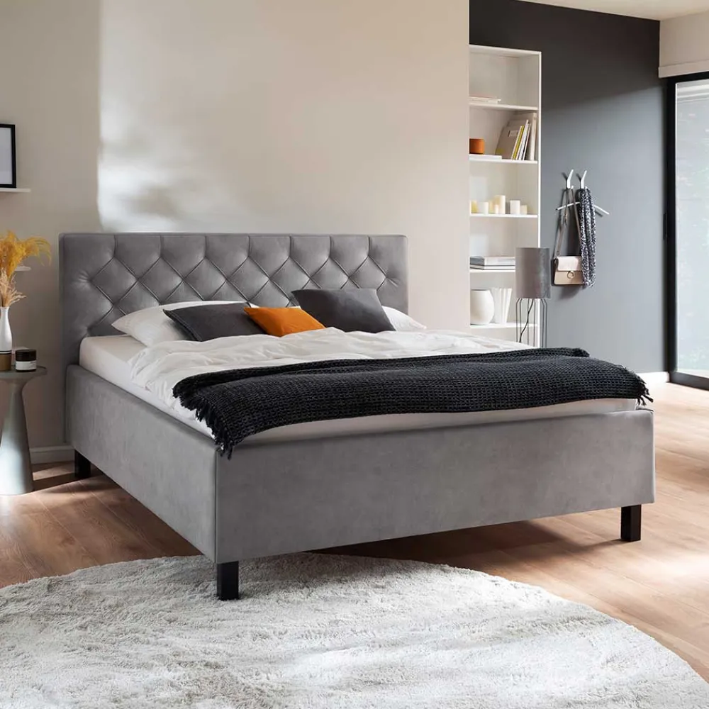 Wohnen Betten<Modernes Stoffbett mit Bettkasten in Hellgrau - Villaro