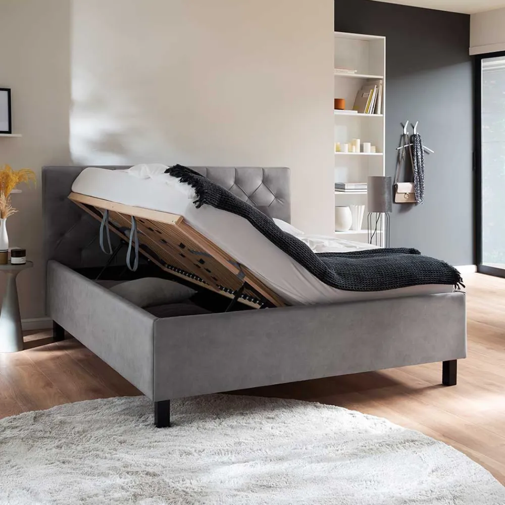 Wohnen Betten<Modernes Stoffbett mit Bettkasten in Hellgrau - Villaro