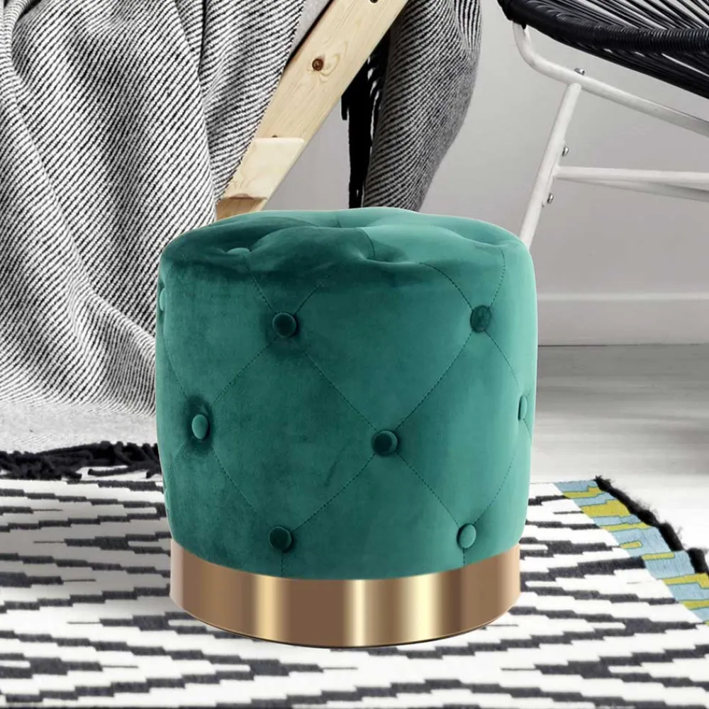 Wohnen Hocker<Runder Hocker in Grün Samt & Gold Metall - Emiato