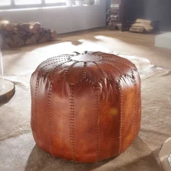 Wohnen Hocker<Runder Lederhocker in Cognac Braun - Fernandez