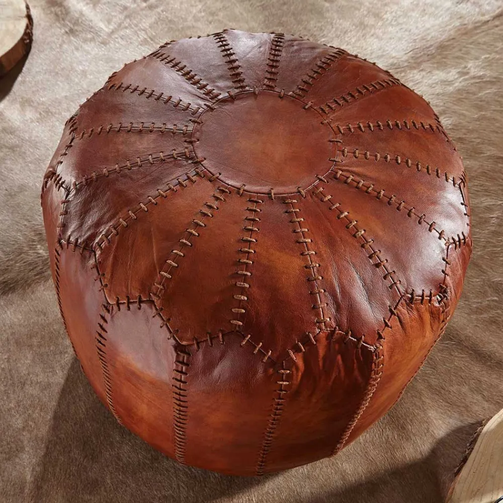 Wohnen Hocker<Runder Lederhocker in Cognac Braun - Fernandez