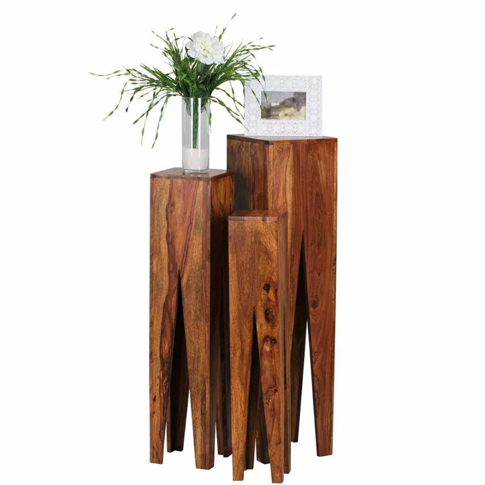 Wohnen Tische<Rustikale Holz Blumensäule Set Pisinon aus Sheesham (dreiteilig)
