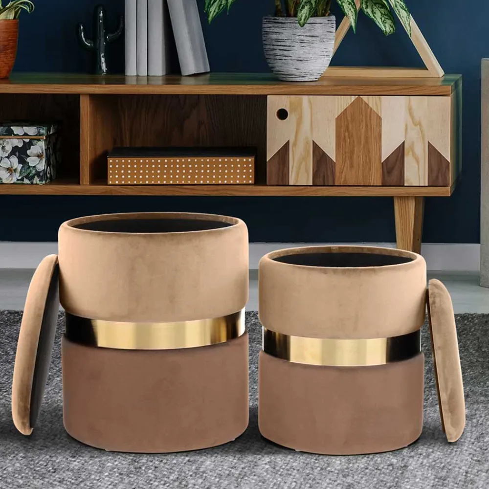 Wohnen Hocker<Samt Hocker Set in Hellbraun & Braun - Valerana (zweiteilig)