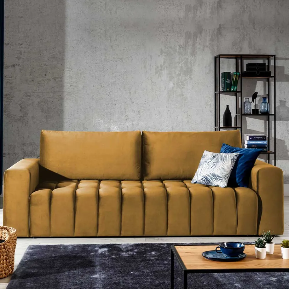 Wohnen Sofas<Samtcouch mit Schlaffunktion in Senfgelb - Eraldo