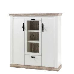 Wohnen Highboards<Scandi Landhaus Highboard in Weiß Pinie Shabby Nedita 140 cm breit