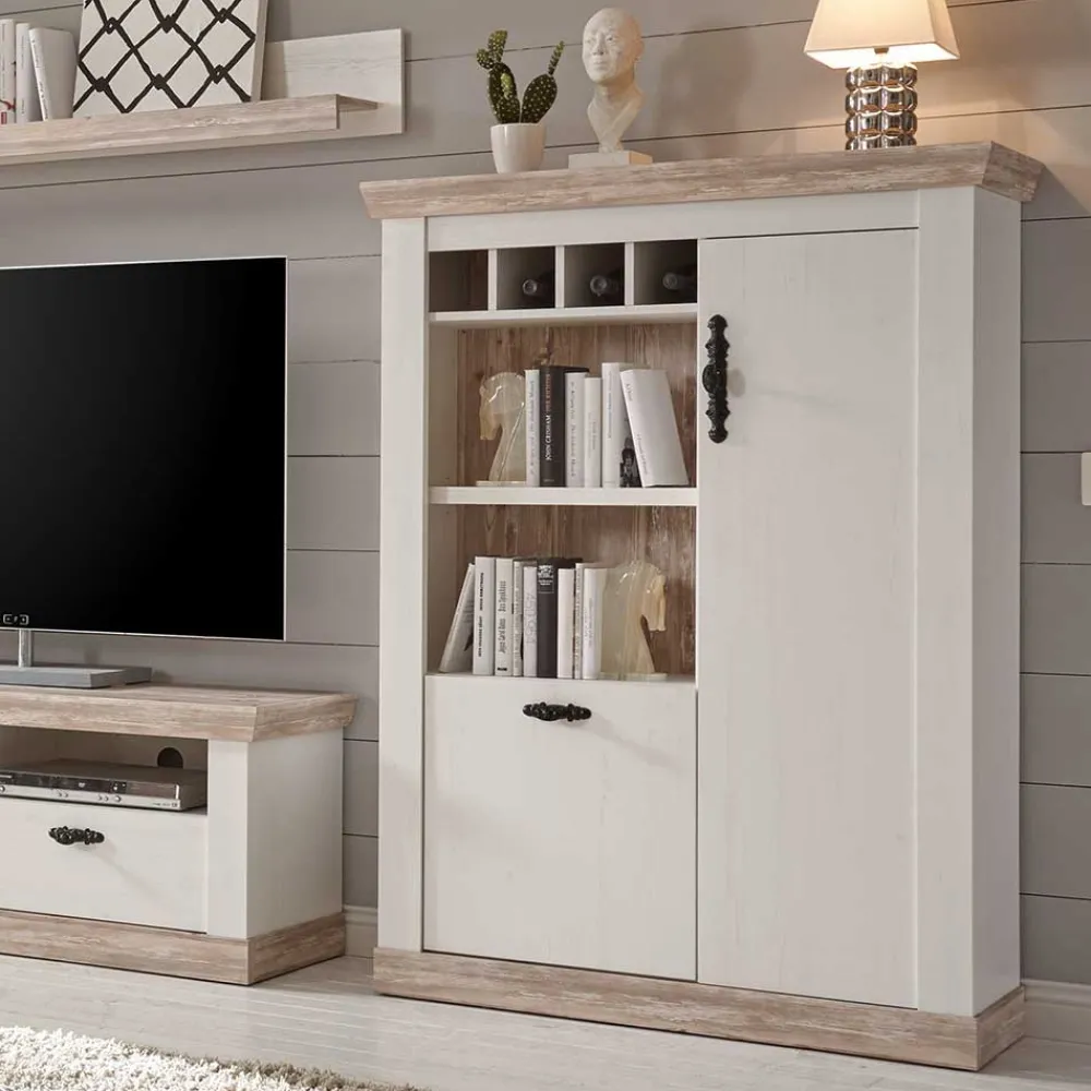 Wohnen Wohnwände<Scandi Landhaus Wohnzimmermöbel Set Nedita in Weiß (vierteilig)