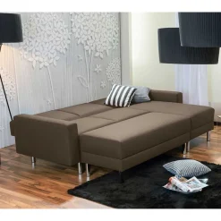 Wohnen Betten|Sofas<Schlafcouch mit Hocker in Beigegrau mit Chrom - Defelira (zweiteilig)
