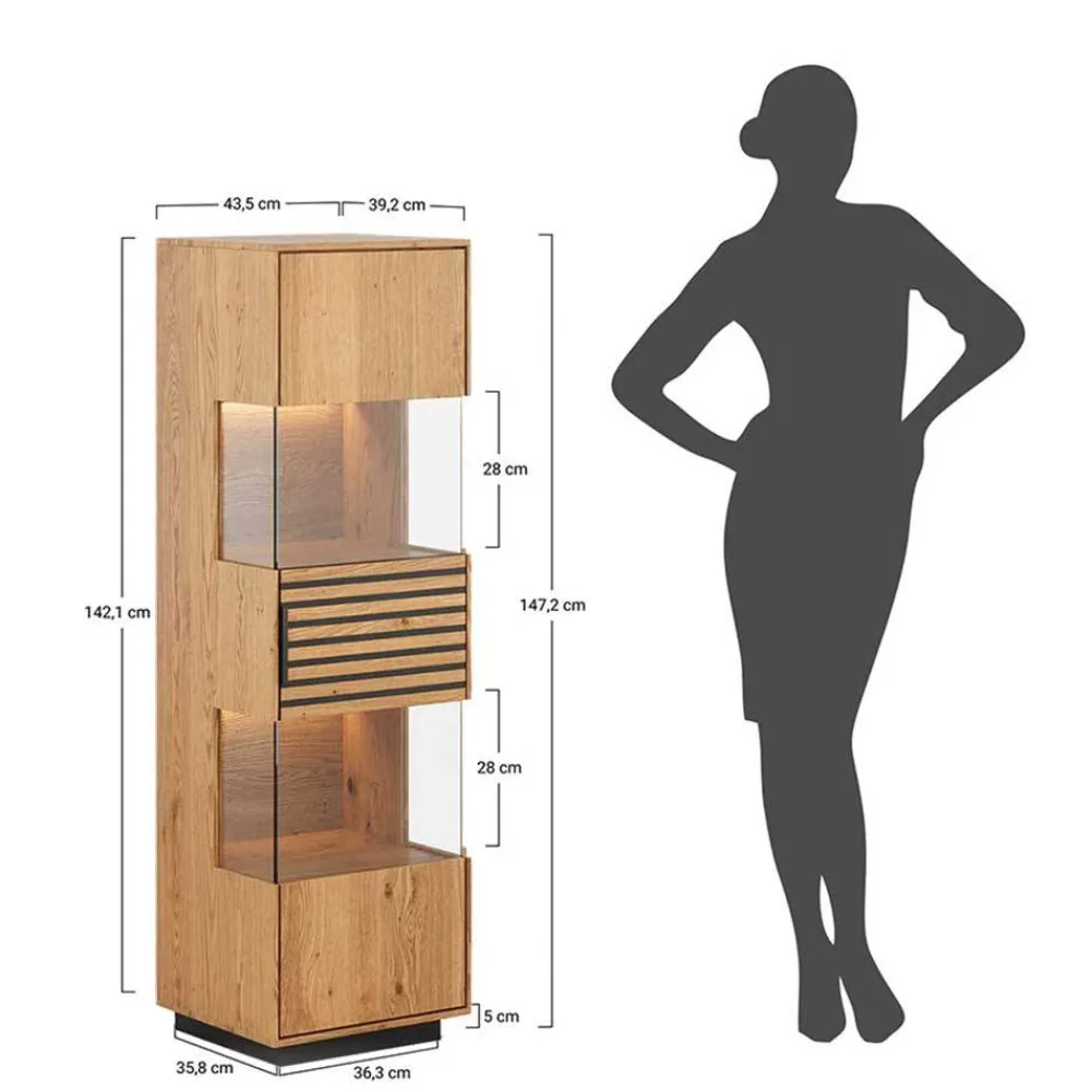 Wohnen Vitrinen<Schmale Massivholz Vitrine mit LED Beleuchtung - Eribella