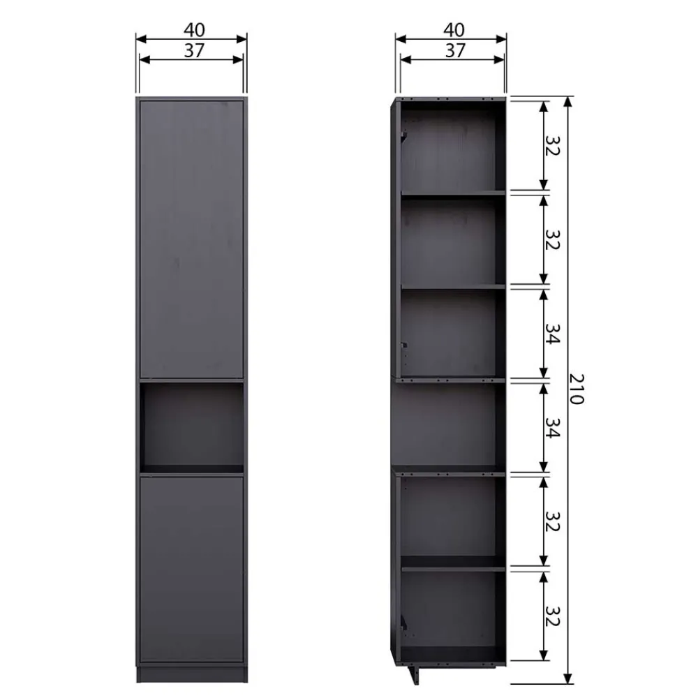 Wohnen Vitrinen<Schmaler Hochschrank in Schwarz Kiefernholz teilmassiv - Niwidus