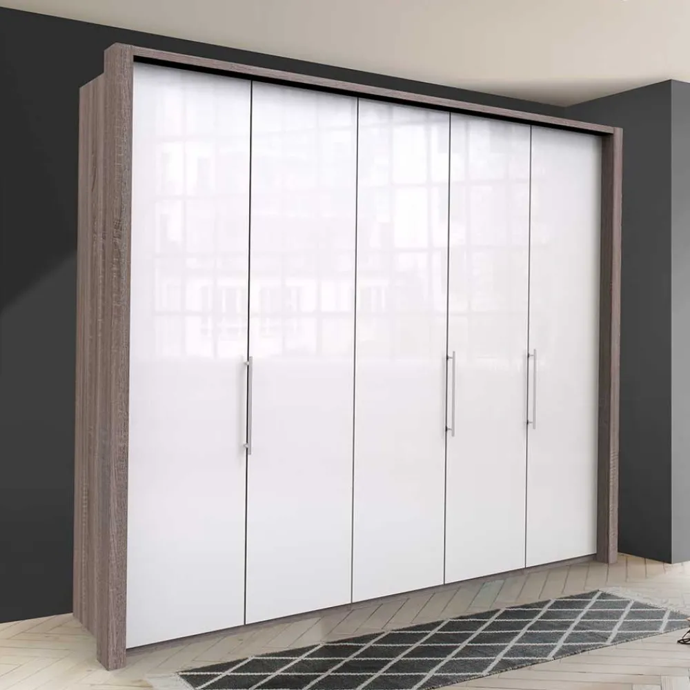 Wohnen Kleiderschränke|Schränke<Schrank in Weiß Glas & Eiche Dunkel - Empresian