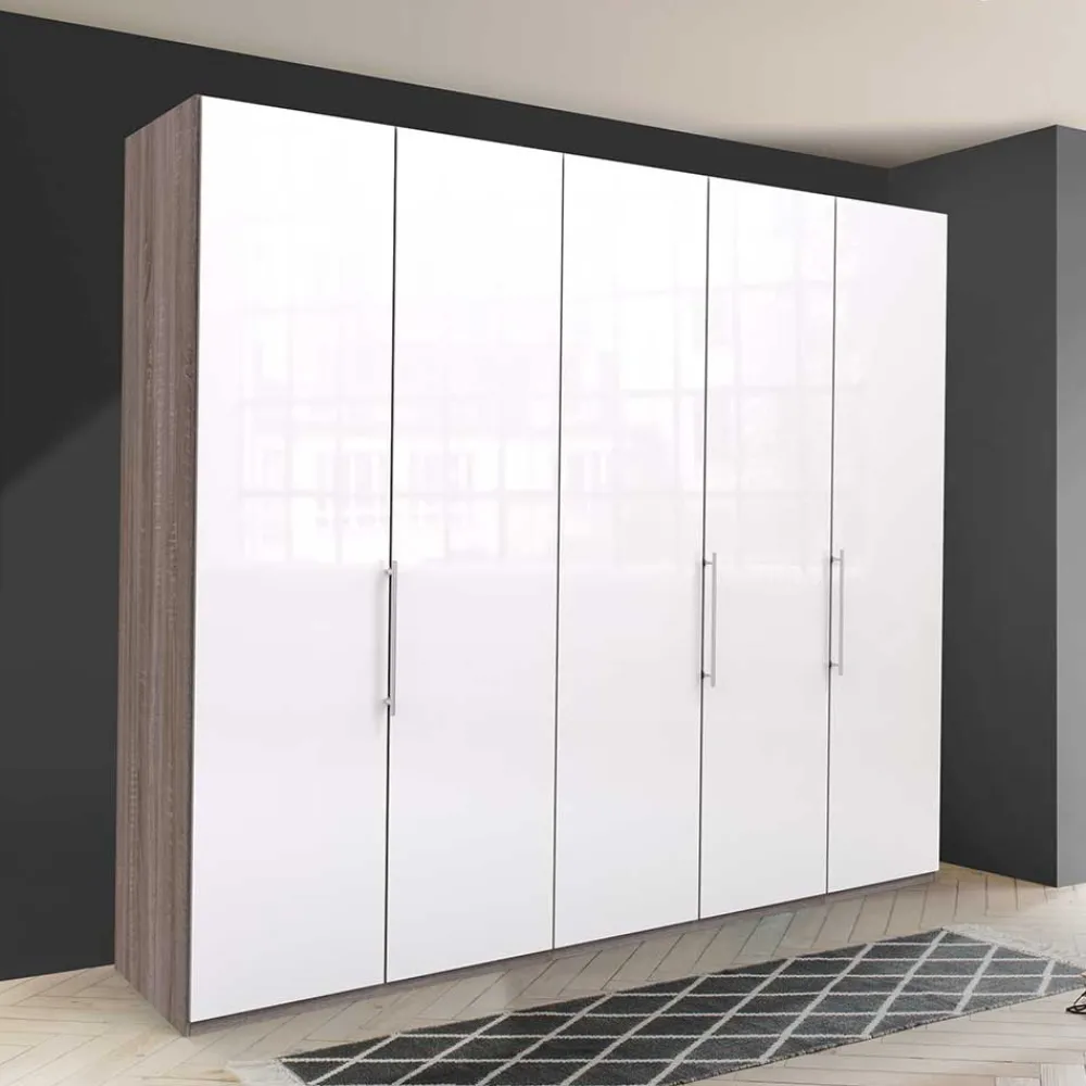 Wohnen Kleiderschränke|Schränke<Schrank in Weiß Glas & Eiche Dunkel - Empresian