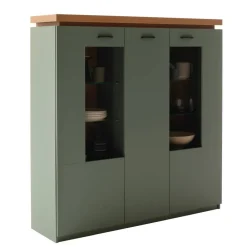 Wohnen Highboards|Vitrinen<Schrank Vitrine in Graugrün und Eiche - Kwin