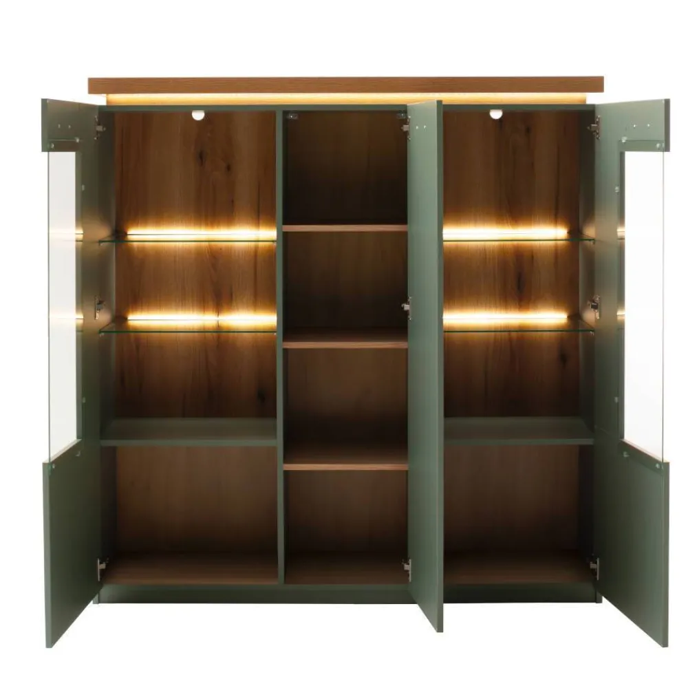 Wohnen Highboards|Vitrinen<Schrank Vitrine in Graugrün und Eiche - Kwin