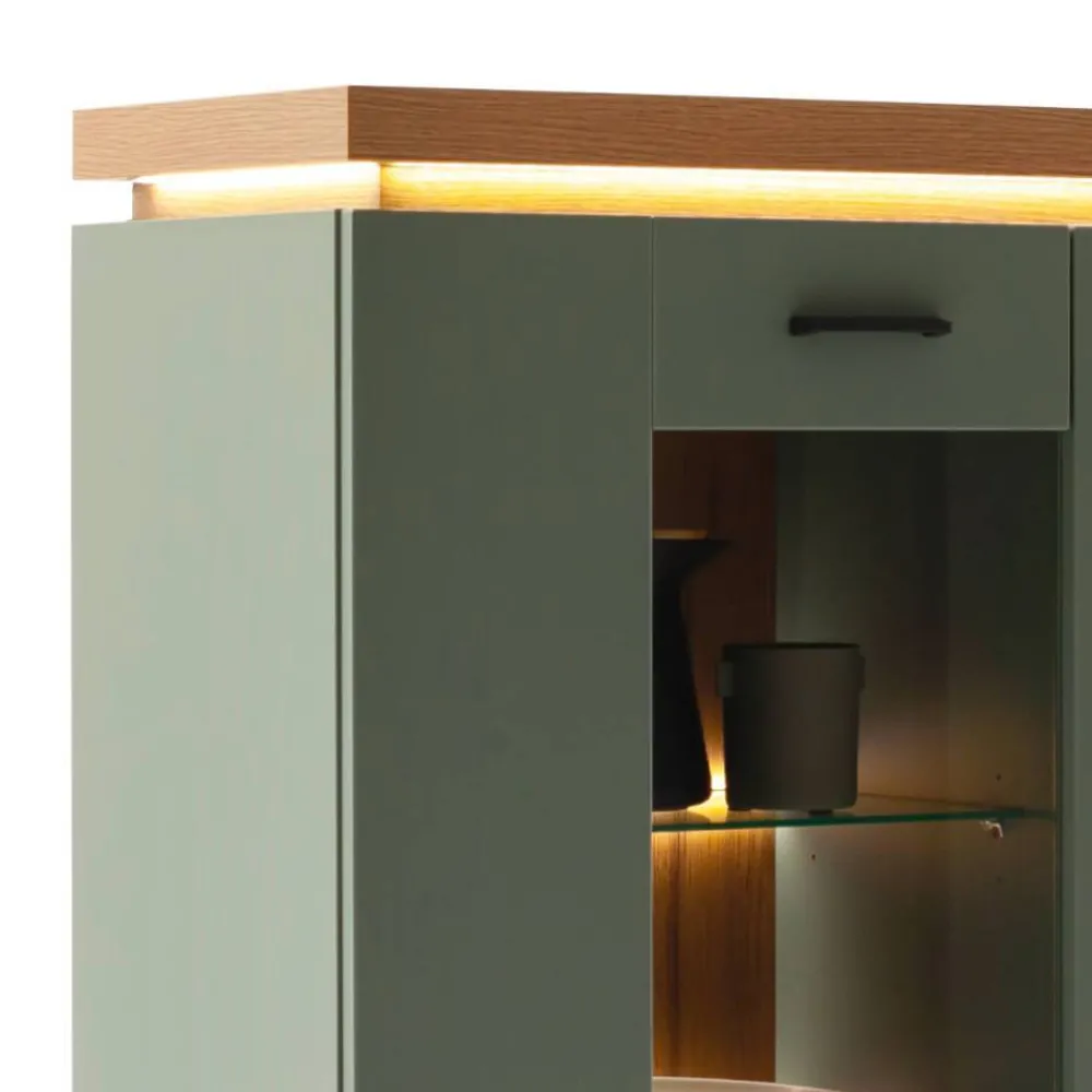 Wohnen Highboards|Vitrinen<Schrank Vitrine in Graugrün und Eiche - Kwin