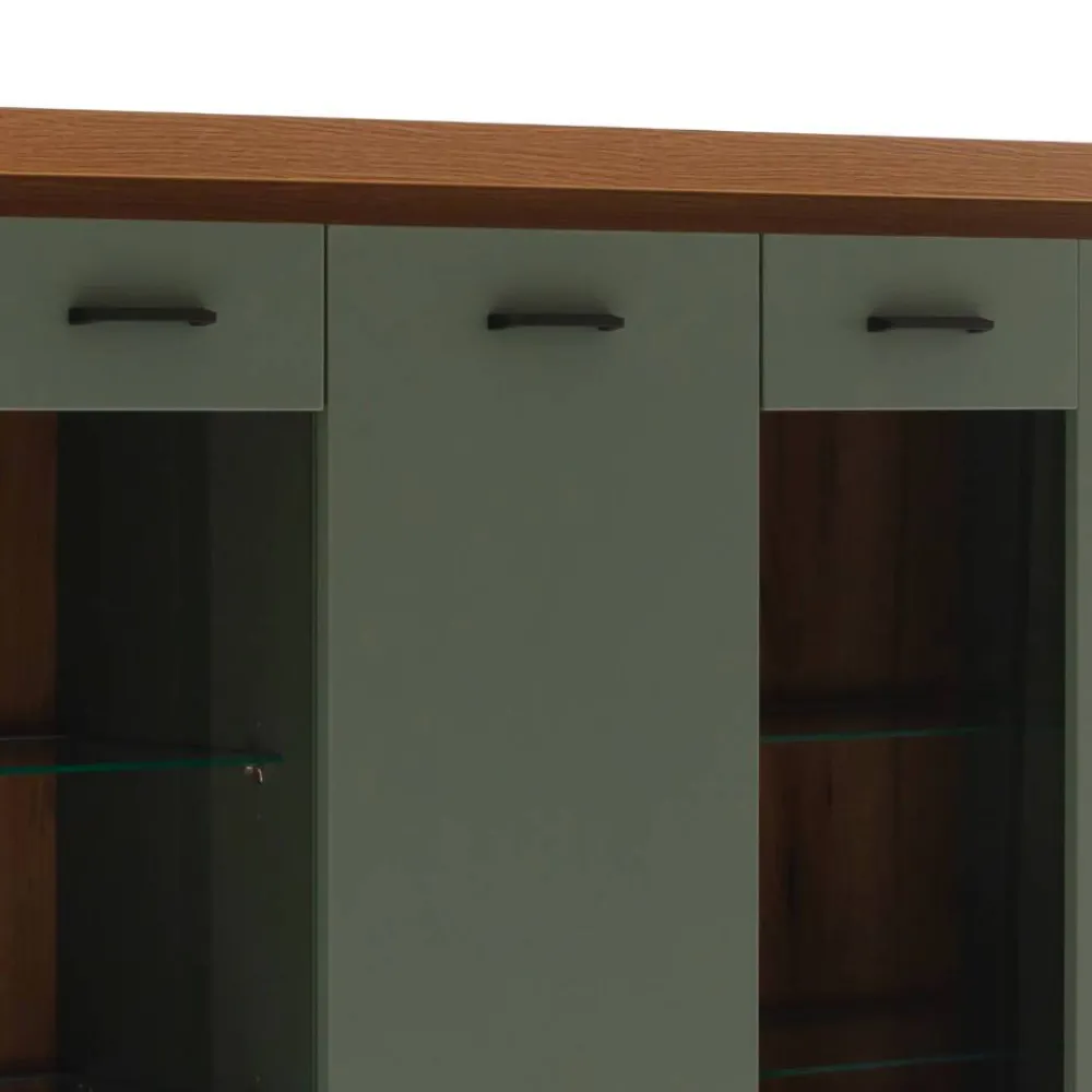 Wohnen Highboards|Vitrinen<Schrank Vitrine in Graugrün und Eiche - Kwin