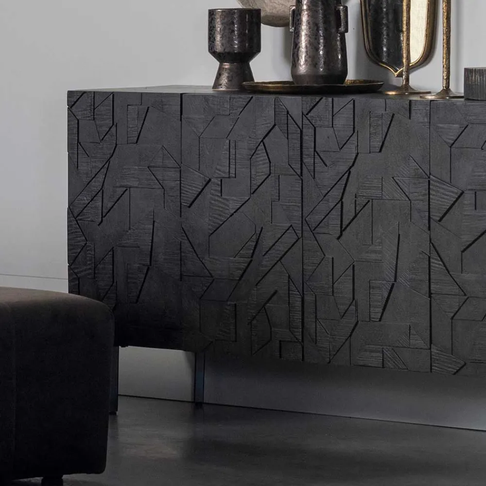 Wohnen Sideboards<Schwarzes Sideboard mit Schnitzereien Front - Eiken
