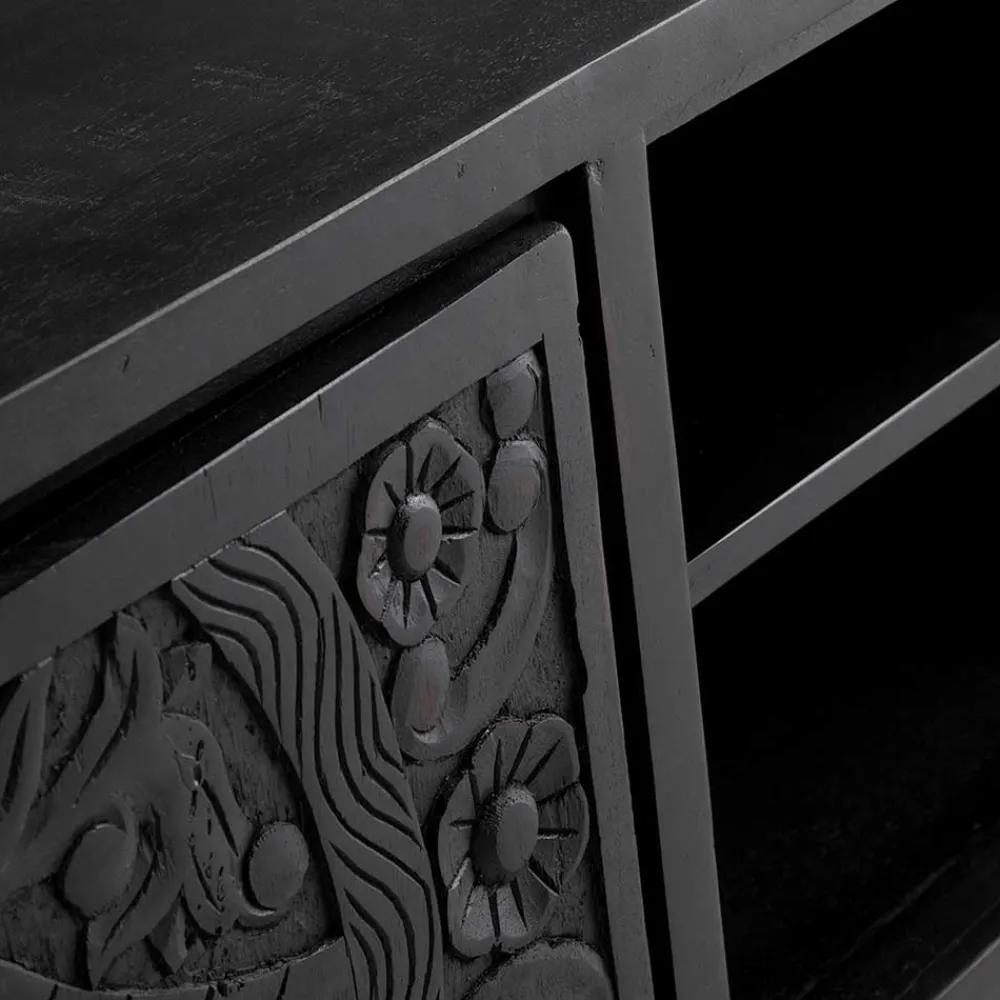 Wohnen Tv & Hifi-Möbel|Lowboards<Schwarzes TV Board mit Schnitzereien - Namibe